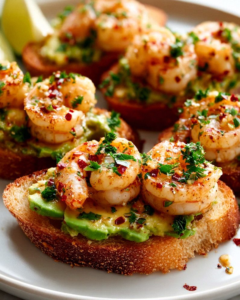 Knusprige Crostini mit Garnelen und Avocado