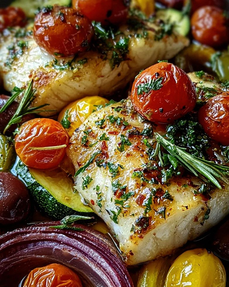 Mediterran gebackene Fischfilets mit Gemüse